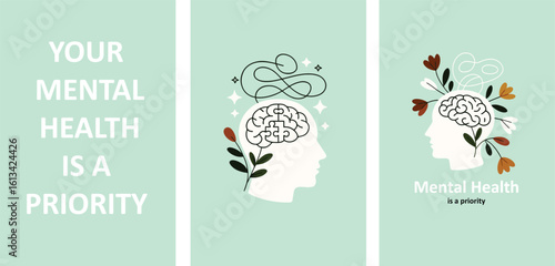 Mental Health Awareness and Well-being Posters: Prioritizing Brain Health, Emotional Balance, Self-Care, and Psychological Wellness with Floral Elements; Vector Illustrations