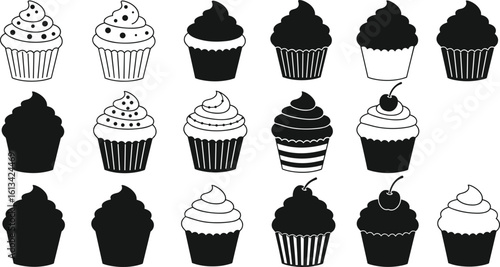 Cupcake silhouette clipart bundle – black and white cupcake icons for baking logos, party decor, digital crafts, and stickers