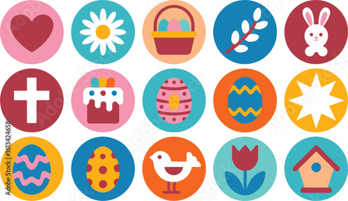 Colorful Easter Holiday and Spring Celebration Icons Set: Featuring Eggs, Bunnies, Flowers, Cross, Birdhouse, and Festive Symbols for Christian Observances & Seasonal Decor, Vector Flat Design