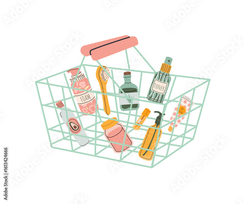 Shopping basket with discounted beauty products. Makeup and skincare items. Hair care products. Cream, foam for washing, scrub, spray, shower items. Design for online shopping, retail experience