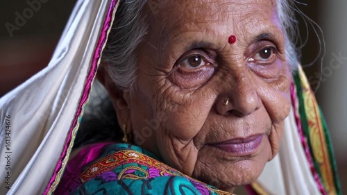 Seasoned Indian grandmother wearing traditional sari, radiating wisdom and inner peace through reflective gaze, embodying cultural depth and emotional resilience