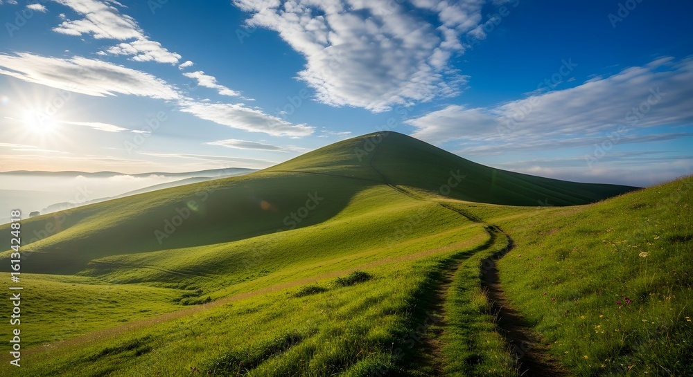 Fototapeta premium Winding dirt path through rolling green hills at sunrise