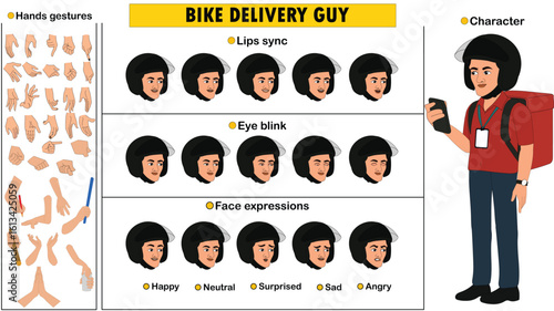 Cartoon vector Bike Delivery Guy  full model sheet including eyes blink, lip sync, face expressions and hands gestures