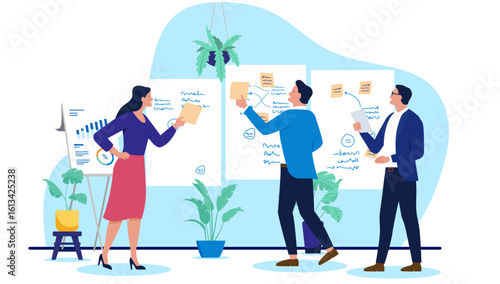 A business team of people having a meeting or a workshop session, using whiteboards to discuss and develop a new project plan or a business strategy, flat design vector illustration