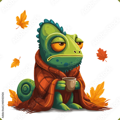 Vector illustration of a sad, sorrowful chameleon with big eyes in a plaid scarf holding a hot drink, surrounded by autumn leaves on a white background, 
isolated on white background