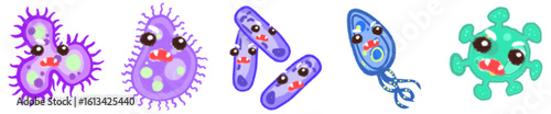 Cute Cartoon Style Virus and Bacteria Icons for Science, Biology, Health Education and Microorganism Illustrations