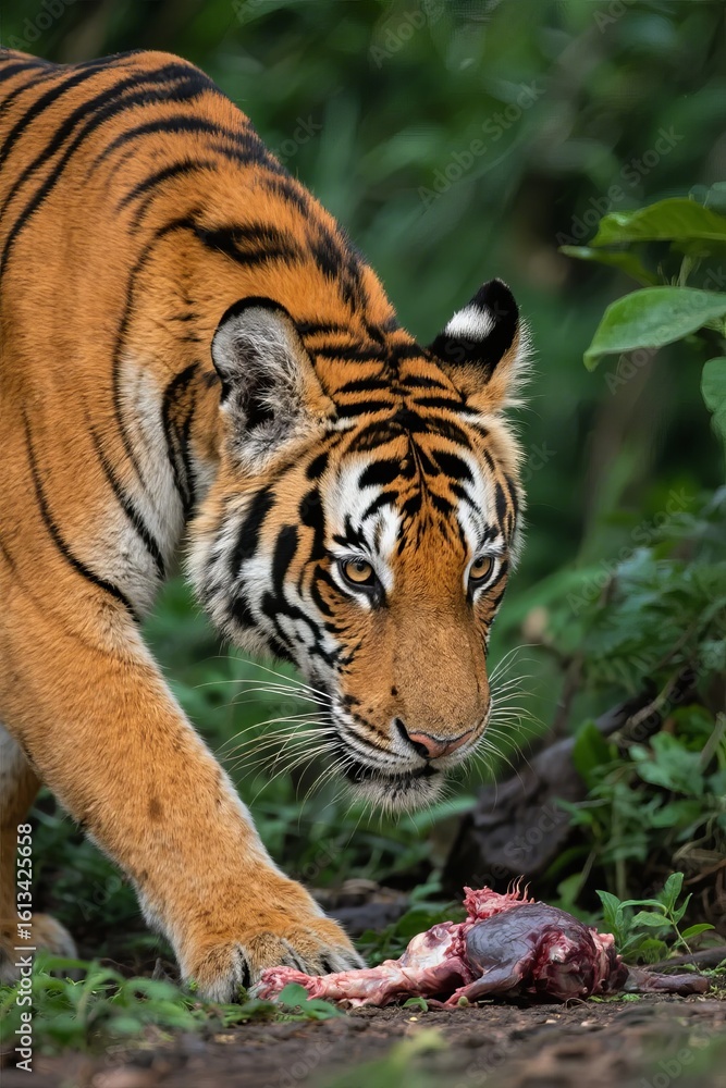 Fototapeta premium A tiger approaches a piece of raw meat in a lush, green forest setting.