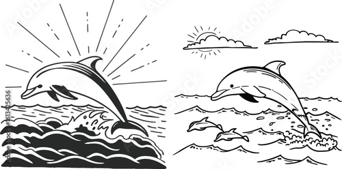 A digital illustration featuring two simplistic black-and-white dolphin designs. On the left, a dolphin leaps out of stylized waves with sun rays radiating behind it. On the right, another dolphin...