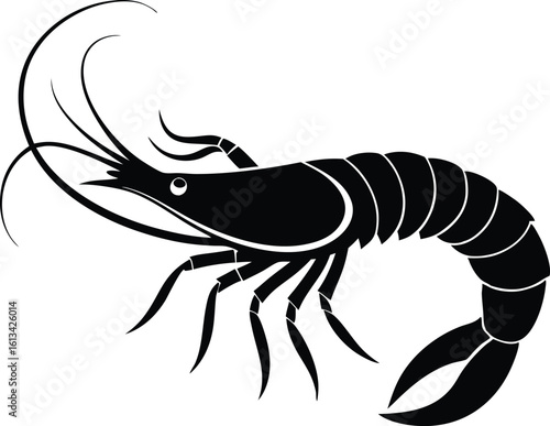 A vector logo shrimp silhouette, Vector art of a black and white silhouette of a shrimp isolated design