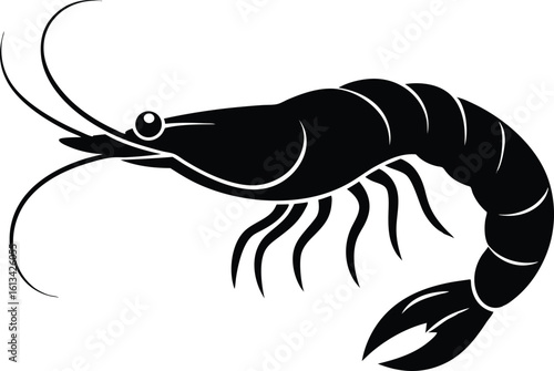 A vector logo shrimp silhouette, Vector art of a black and white silhouette of a shrimp isolated design