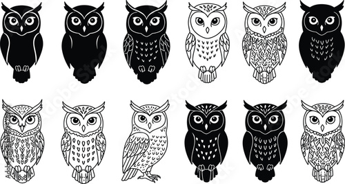 Owl silhouette and line art clipart set – cute black and white owl drawings for crafts, logos, and home decor designs