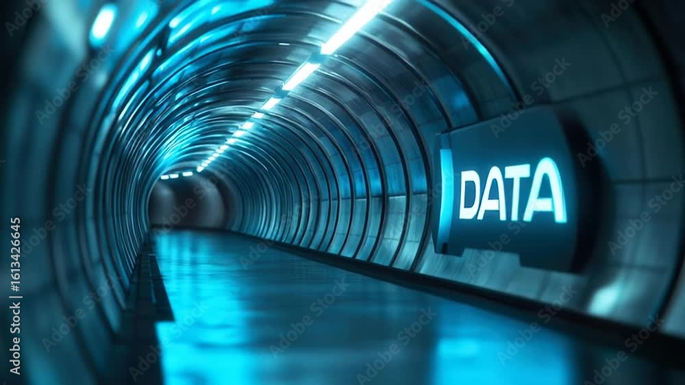 Futuristic Data blue neon tunnel with glowing circuit pattern, digital data signs, and sleek sci fi design atmosphere