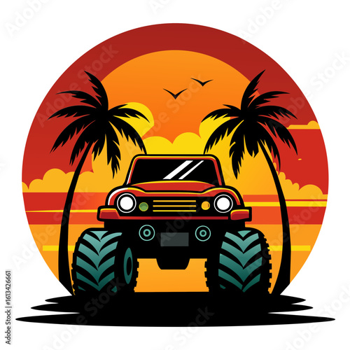 Off-road Monster Truck Vector Graphic with Palms and Sunset