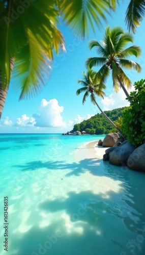 Blurred cyan blue ocean, summer resort palm trees, palm trees, luxury, waves