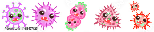 Cute Cartoon Style Virus and Bacteria Icons for Science, Biology, Health Education and Microorganism Illustrations