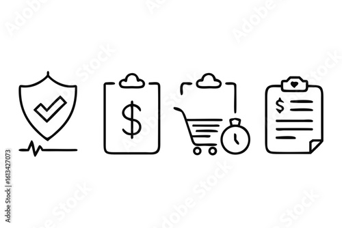 Financial and Health Security Icons with Shopping Cart and Timer finance money