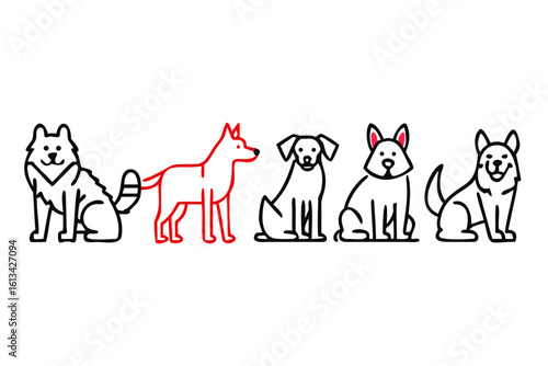 Five dogs in a line one red dog standing out from the rest animal canine