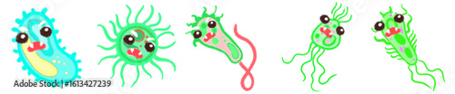 Cute Cartoon Style Virus and Bacteria Icons for Science, Biology, Health Education and Microorganism Illustrations