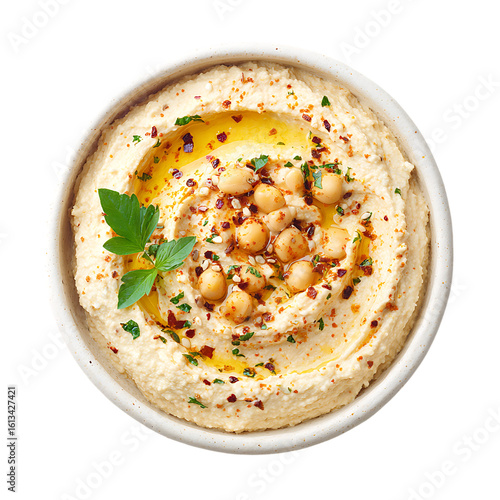 Delicious creamy hummus topped with chickpeas parsley and paprika isolated on transparent background