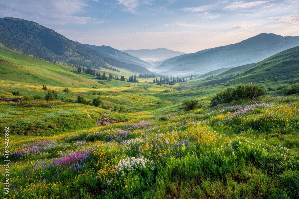 Fototapeta premium Mountain Valley with Wildflowers Landscape.