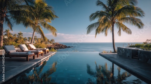 Luxurious villa overlooking tranquil ocean with lounge chairs and palm trees in a tropical paradise at sunset