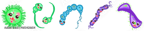 Cute Cartoon Style Virus and Bacteria Icons for Science, Biology, Health Education and Microorganism Illustrations