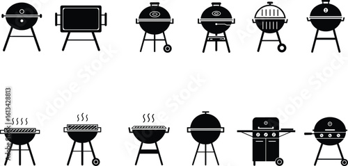 Grill and BBQ silhouette vector set, charcoal and gas barbecue icons, black cooking clipart for summer cookout and kitchen design