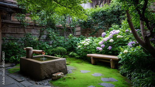 Summer Kyoto Machiya Garden With Moss, Hydrangea, Maple, Bench, Fountain