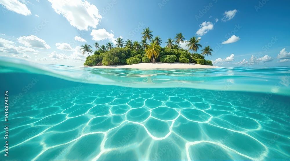 Fototapeta premium Tropical Island with Palm Trees and Clear Blue Water Under Bright Sky