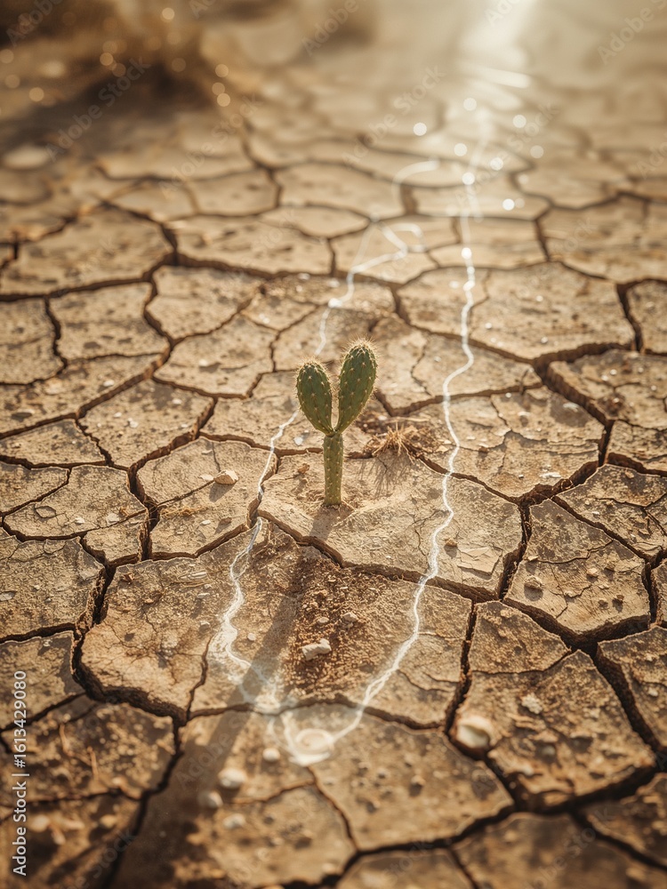 Fototapeta premium A small cactus growing in a dry cracked earth environment with a light effect shining on the plant