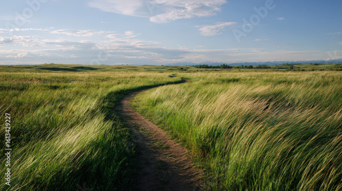 Winding path through lush green fields scenic landscape nature photography open sky tranquil environment
