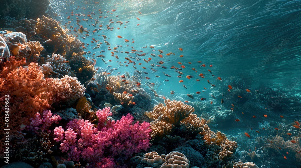 Obraz premium Vibrant underwater coral reef teeming with colorful fish in clear blue water