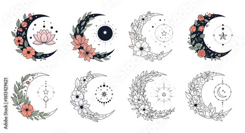 Elegant crescent moon floral decorations with islamic calligraphy and geometric patterns for festive occasions and islamic celebrations