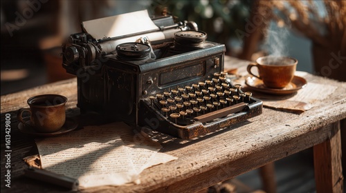 Vintage typewriter on a rustic table with coffee and crumpled papers in a cozy workspace during afternoon light