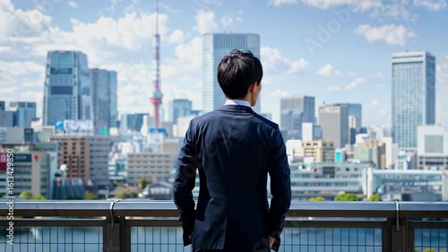 Young businessman admiring tokyo cityscape