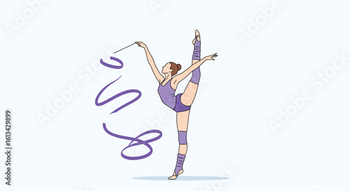 Pixel art rhythmic gymnastics athlete performing an elegant ribbon routine with graceful movements in a vertical split