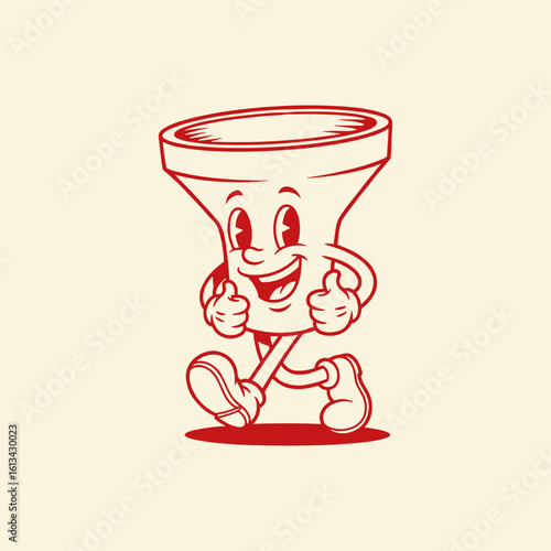 Retro Cartoon Funnel Character Walking with Thumbs Up Mascot Vector Illustration