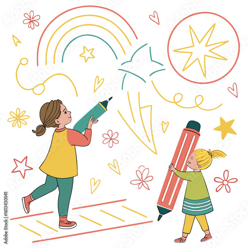 School board design featuring children's doodles, scribbles. Graphic set - arrows, circles, stars, sketch, highlighters, brushes, scribbles and doodles drawn with felt-tip pen, chalk, pen. Vector set 
