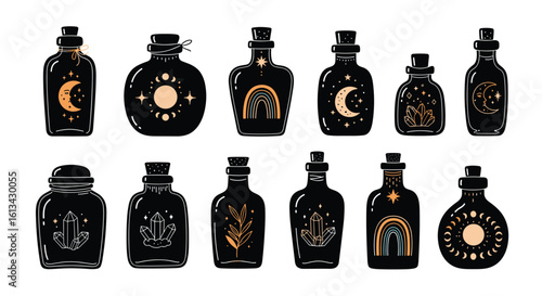 Mystical apothecary potion bottles featuring celestial and esoteric symbols for magical concoctions and enchantments