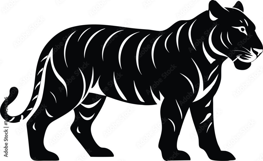 Obraz premium A black silhouette tiger walking silhouette, tiger walk silhouette, tiger silhouette vector illustration
