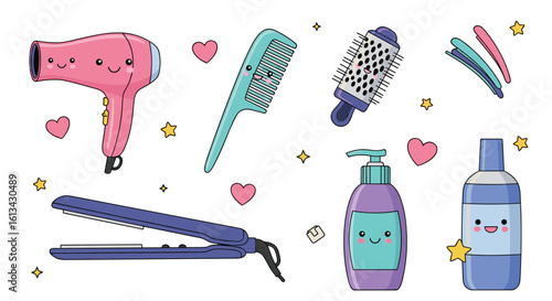 Cute kawaii hair salon tools and accessories for styling and beauty treatments