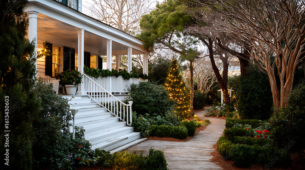 Fototapeta premium Winter Southern Garden With Camellia, Pine, Porch, Holly, Warm Lights, Peaceful