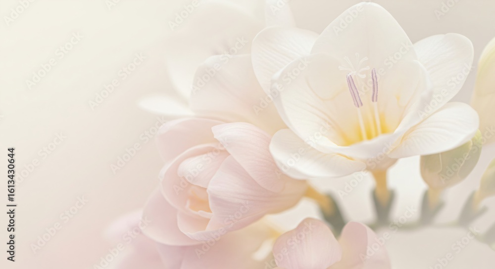Obraz premium Close up of delicate white freesia flower as a symbol of elegance. Floral beauty background with copy space.