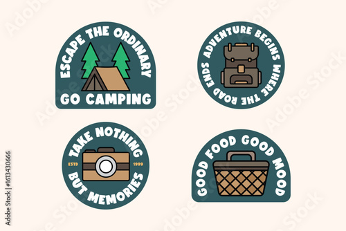 Camping Adventure Badge Set. Outdoor Adventure and Travel Quote Stickers