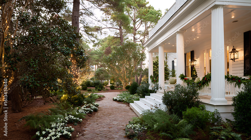 Naklejka premium Winter Southern Garden With Camellia, Pine, Porch, Holly, Warm Lights, Peaceful