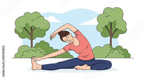 Woman performing a seated side bend stretching exercise in a park with trees and bushes