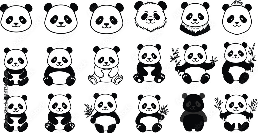Obraz premium Cute panda illustration set, cartoon panda faces and poses, baby panda with bamboo, vector animal drawings for kids and design
