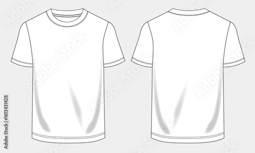 Short sleeve t shirt technical drawing fashion flat sketch vector illustration template front and back