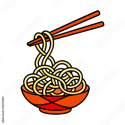 Cartoon-style illustration of a bowl of noodles with chopsticks lifting pasta. Asian food concept for restaurant, menu, and culinary design.