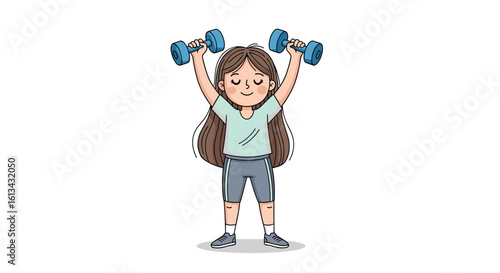 A young woman with long brown hair exercises by lifting dumbbells overhead in a fitness studio